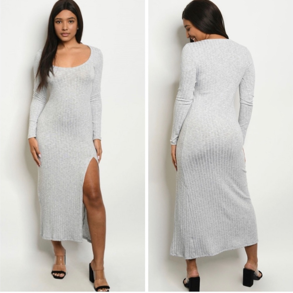 Ribbed Long-Sleeve Scoop Neck Maxi Dress - Light Gray